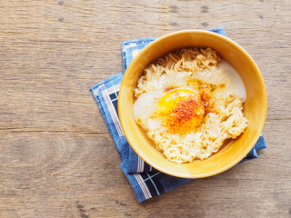 Noodle and soft egg boiled  on wooden background of quickly and
