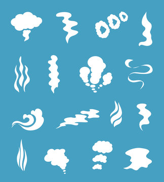 Smoke and steam silhouette icons. Smoking clouds from chimney or fire, cigarettes pipes vector signs