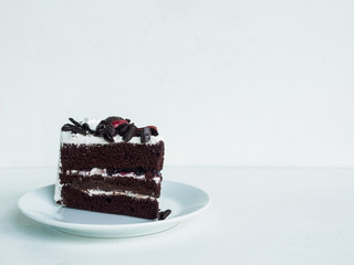 Chocolate and white cream cake slice on white dask