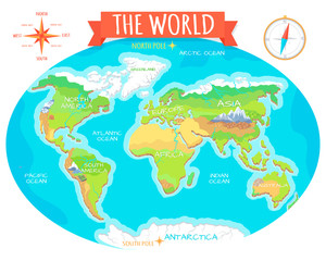 Continents, Oceans on Map of World. Our Planet.