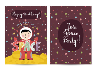 Happy birthday cartoon greeting card on space theme. Astronaut in spacesuit on standing on distant planet surface, colorful stars, text collage vector. Bright invitation on childrens costumed party