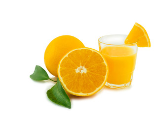 Orange fruit slice and glass of orange juice isolated