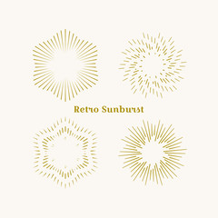 Sunburst frames set. Retro gold Sun burst shape. Vintage explosion logo, label, badge. Firework design element. Old light rays radiating from a center. Retro, vintage, hipster style