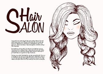girl with beautiful hair, wavy hair, a hand-drawn sketch style. Option trend styling long hair in a beauty salon. Figure of black isolated on white background. fashion illustration
