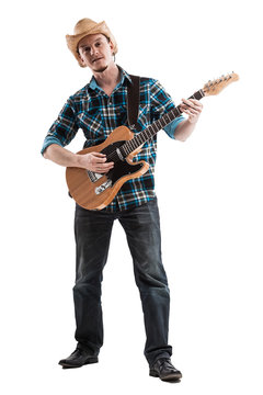 blues or country guitarist isolated on white
