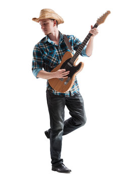 blues or country guitarist isolated on white