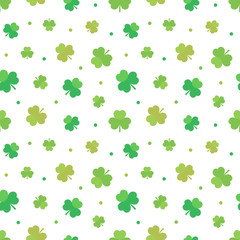 St.Patrick's Day seamless pattern background with green clover, shamrock and dots.