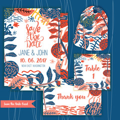 Save the Date creative Flowers Card invitation for Wedding, Party. Trendy flat color vector template with thank you card and table