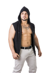 Naklejka na ściany i meble Confident muscular male bodybuilder during bulking phase or mass period, posing isolated on white.
