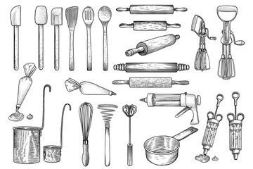 Kitchen, tool, utensil, vector, drawing, engraving, illustration, set, collection