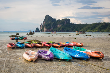 Boats during low tide on Phi Phi island
