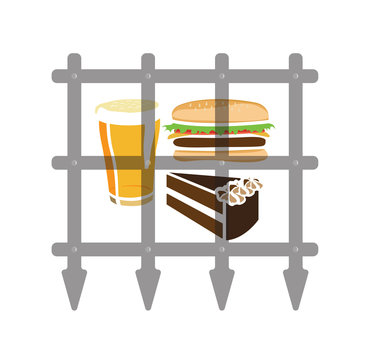 Vector image of cake, beer and burger behind a grill gate