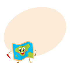 Folding geographical map funny character with a red pencil, travelling concept, cartoon vector illustration with place for text. Pocket geographical map funny character, mascot