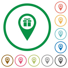 Gift shop GPS map location flat icons with outlines