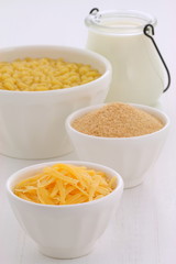 Gourmet macaroni and cheese ingredients.