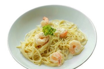 Spaghetti Carbonara or white cream sauce pasta with shrimp.