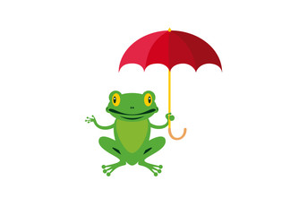 Happy cute green tree frog icon vector. Funny green frog with red umbrella vector illustration. Smiling tree frog cartoon character isolated on a white background