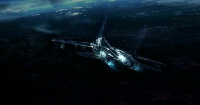 Fighter Jet flying high above the clouds. Abstract animation design