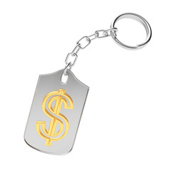 Golden dollar sign on silver key chain isolated on white background. 3D illustration