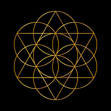 Flower of Life. Golden Vector Sacred Geometry isolated on black.