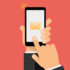 New Message Notification on smartphone screen. Hand holds the smartphone and finger touches screen. Modern Flat design illustration.