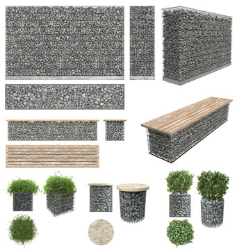 Gabion - stones in wire mesh. Wall, bench, flower pots with plants of the rocks and metal grates. Isolated on white background. Front view, side view, top view. Garden elements for landscape.