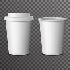 Coffee takeaway cup with cover 3d realistic mockup transparent background design vector illustration