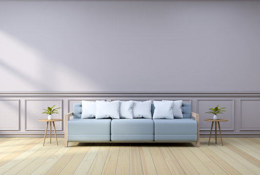Minimalist  interior design,light blue armchair with wood table on  pink frame wall and hardwood flooring , 3d render