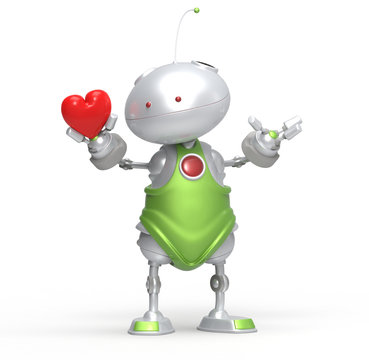 3d robot with heart in hand.Isolated