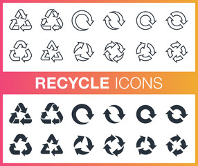 Set of pixel perfect outline and flat recycle icons. Editable stroke.