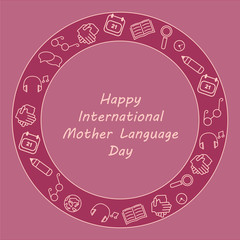 Greeting card for International Mother Language Day with thin line icons in circle. Vector illustration.