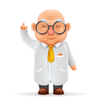 Funny Old Wise Scientist Grandfather Pointing Thumbs Up 3d Realistic Cartoon Character Design Isolated Vector Illustration
