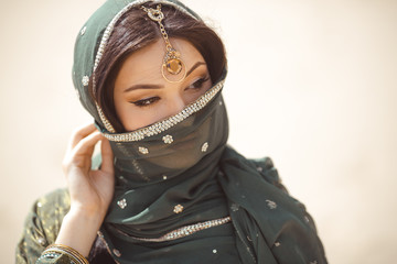 Portrait of a beautiful female model in traditional ethnic costume with heavy jewellery and makeup
