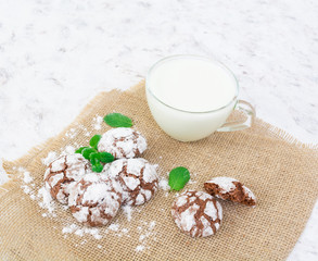 Chocolate cookies and a glass of milk on white background
