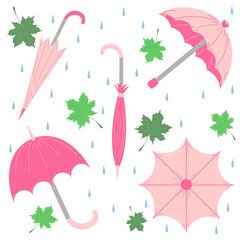  Set of Hand Drawn Glamorous Pink Umbrellas, Maple Leaves and Drops. Perfect for Print. Flat Umbrellas. Vector Illustration. 