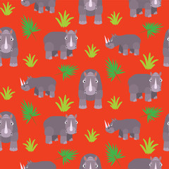 Rhino cartoon vector seamless red pattern. Savannah wild animal background.