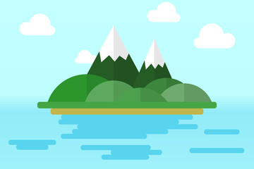Green island with mountains in the ocean. Flat design.