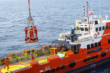 Workers are lifted by the crane to the offshore platform, Transfer crews by personal basket from...
