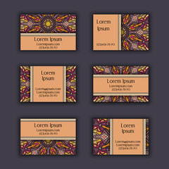 Vector Business card Design Template with Ornamental geometric mandala pattern. Vintage decorative elements. Hand drawn tile background.