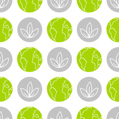 World Wildlife Day tileable background. Vector design element, seamless pattern with symbols of plants and planet Earth. Leaves and green globe on white