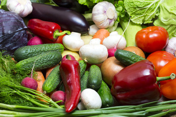 Background of fresh vegetables and greens closeup 