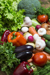 Background of fresh vegetables and greens closeup 