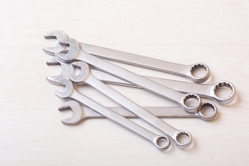 Wrench chrome. Metal spanner instrument. Car tool