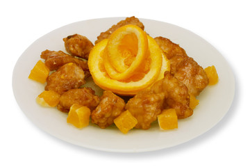 Caramelized chicken with orange isolated on white background