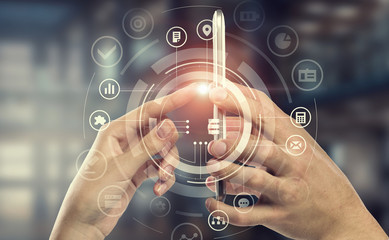 Network with his mobile phone . Mixed media