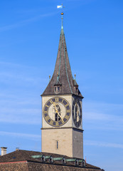 Clock tower of the St. Peter Church in Zurich, Switzerland