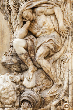 Alabaster facade detail of one of the two giants sculptures, National Museum of Ceramics and Decorative Arts, Valencia, Spain.