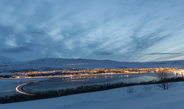 Akureyri, Iceland at dusk