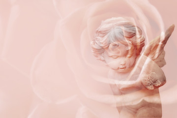 Fototapeta premium Rose and Cupid,double exposure.Background for Valentine's day.