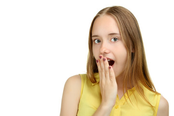 Portrait of surprised girl on a white background isolated.